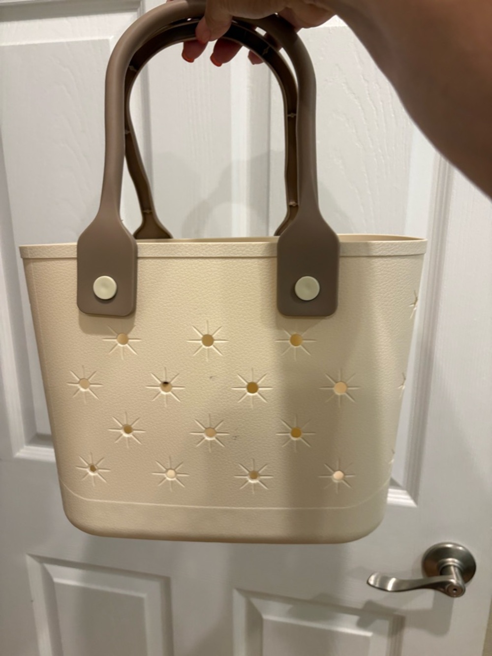 Tan cream Women's Tote Bag with Brown Handles and Yellow Flower Accents - Picture 7 of 8